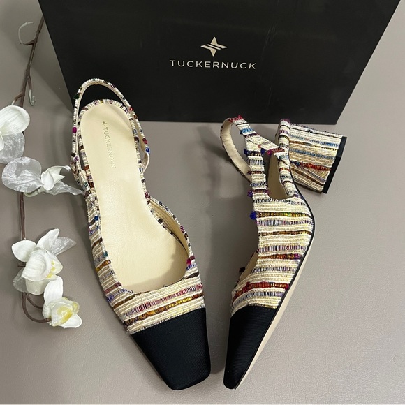 Tuckernuck Tinsley Tweed Multicolor Heels Slingback size 9.5 black toe cap - Picture 3 of 14